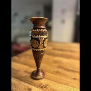 Handmade Hand Carved Wood Turned Bud Vase Vintage‎ 9" Tall x 2.5" Wide